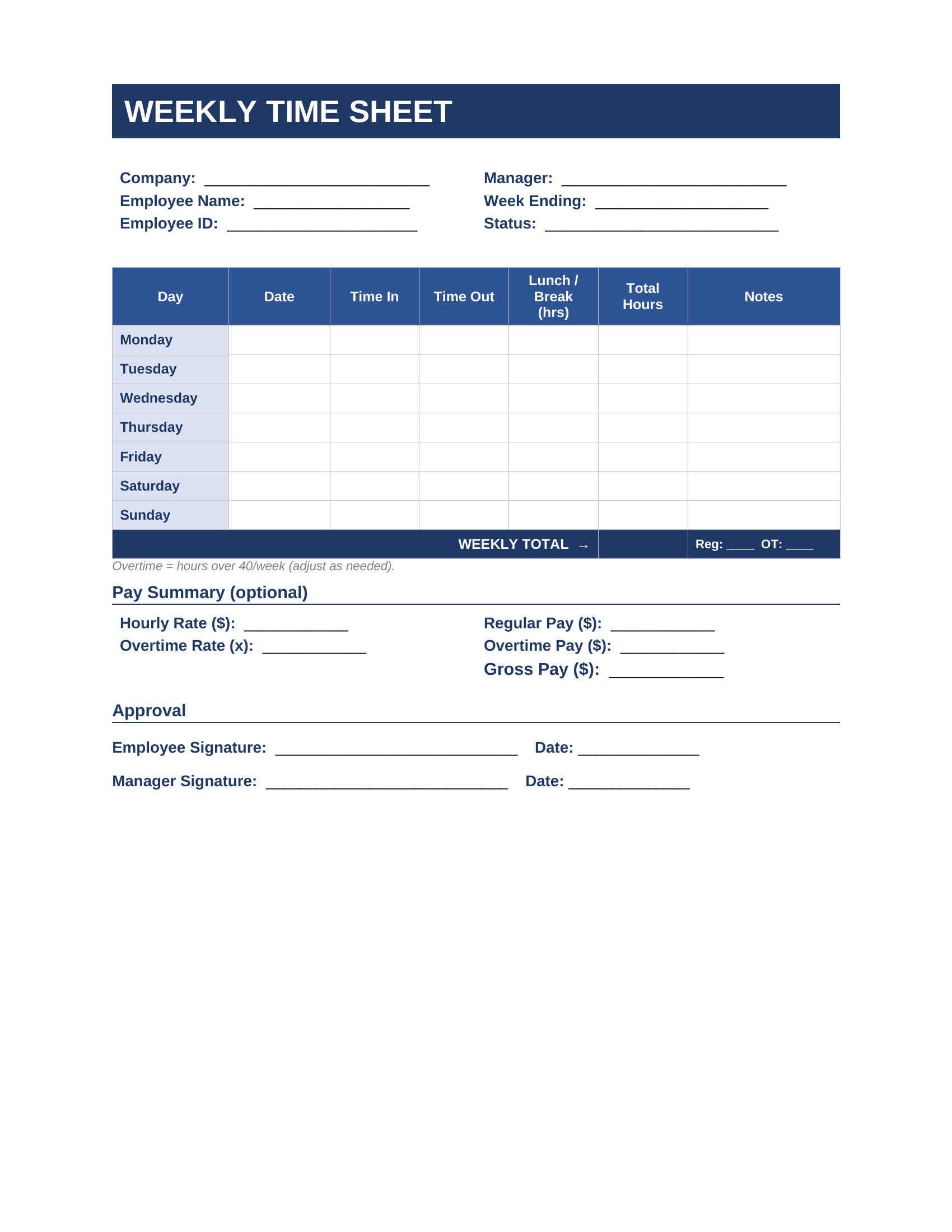Weekly Time Sheet Template